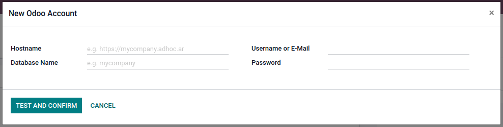 Ventana de alta de la cuenta de Odoo, con los campos Hostname, Database Name, Username y Password