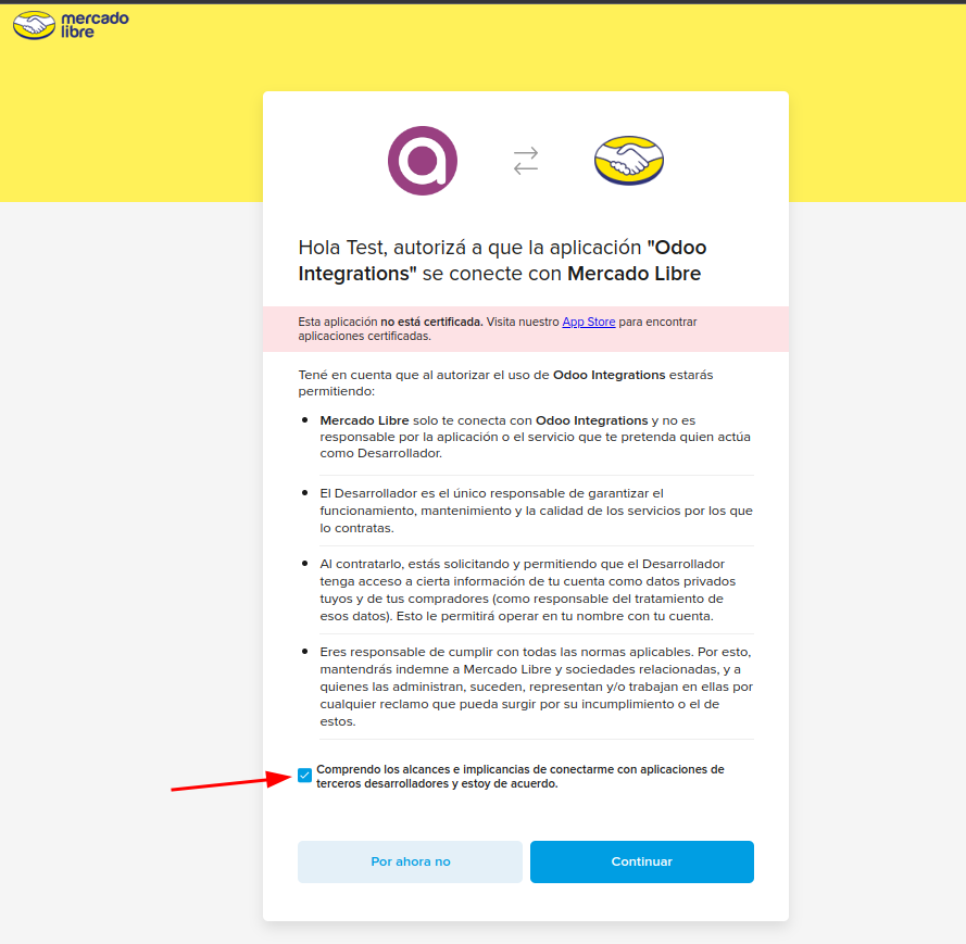 Pantalla de autorización de la aplicación en Mercado Libre