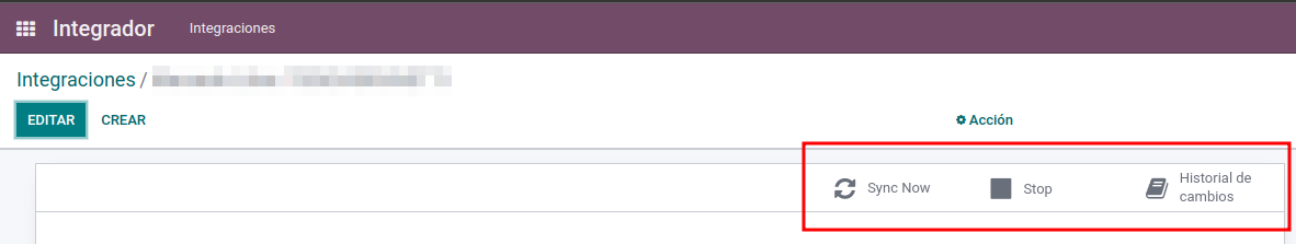 Barra superior de la integración con los botones Sync Now, Stop e Historial de cambios