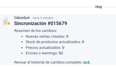 Mensaje de resumen de una sincronización, con ventas creadas, stock y precios actualizados y errores