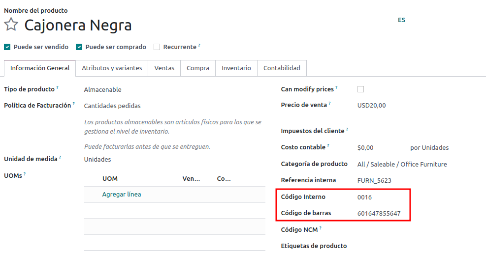 Campo Emparejar producto por con el valor Referencia interna