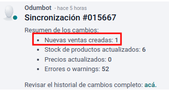 Mensaje de la integración con el resumen de las ventas sincronizadas