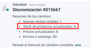 Mensaje de la integración indicando el stock actualizado en la publicación