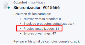 Mensaje de la integración indicando el precio actualizado en la publicación