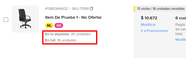 Publicación de Mercado Libre con stock Full y stock "En tu depósito" (Flex)