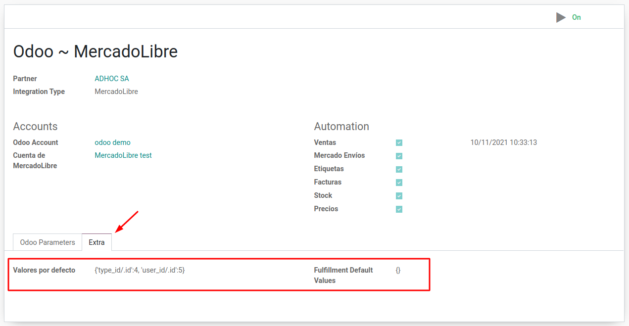 Campo Default Values en la configuración de la integración