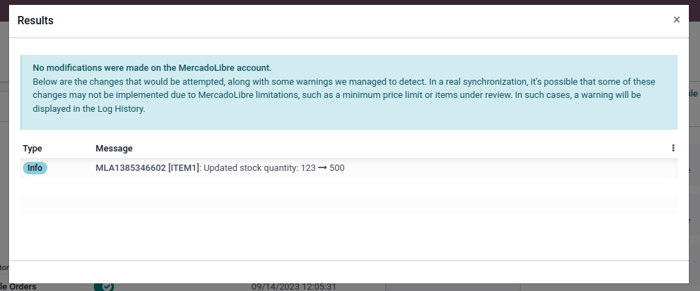 Ventana de resultados del test de stock, con el mensaje "Updated stock quantity"