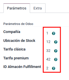 Pestaña Parámetros con los Parámetros de Odoo y la lupa de ayuda al lado de cada campo