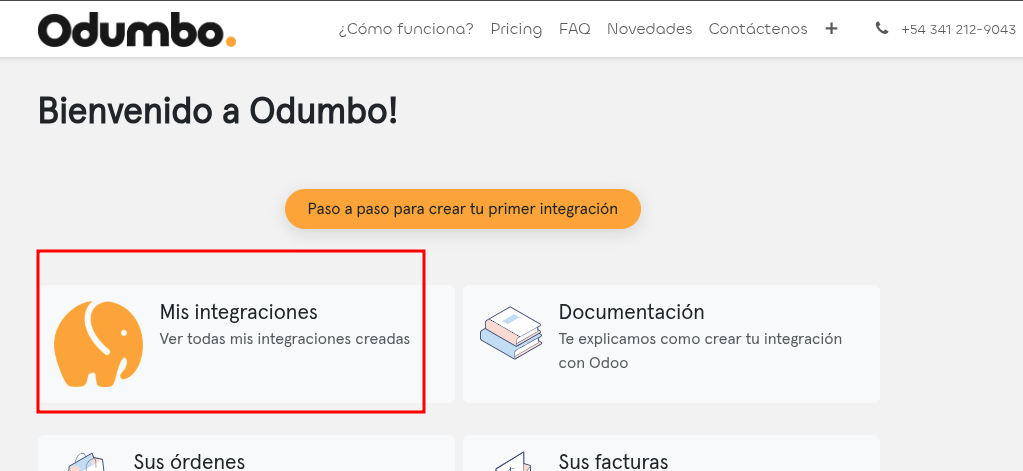 Home del portal de Odumbo, con la tarjeta "Mis integraciones" resaltada