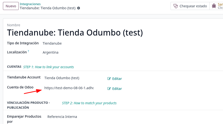 Ficha de la integración, con el campo Cuenta de Odoo señalado