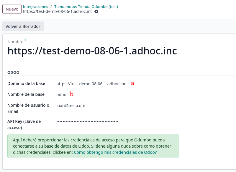 Ficha de la cuenta de Odoo con el Dominio de la base (a) y el Nombre de la base (b)