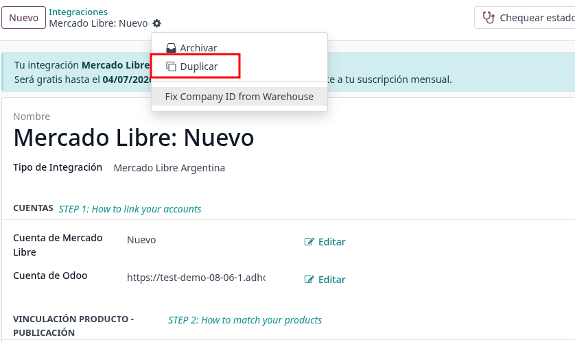 Menú de la ruedita de la integración, con la opción Duplicar resaltada