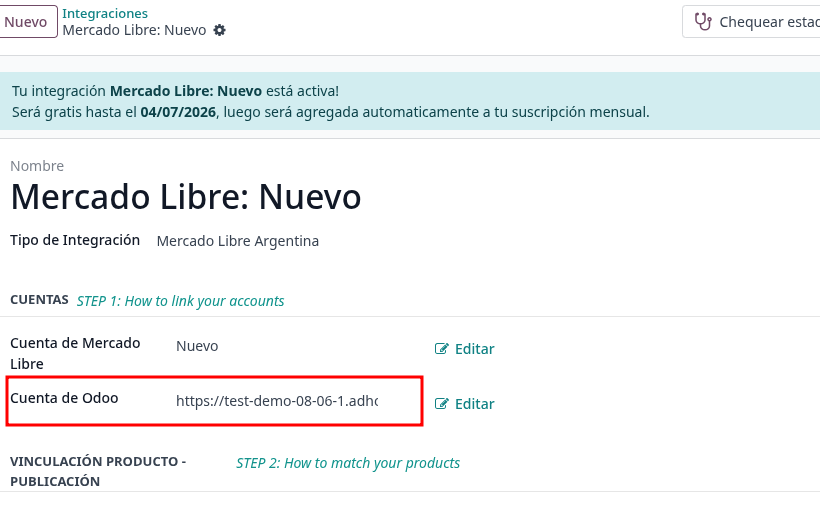 Integración duplicada con el campo Cuenta de Odoo apuntando a la base New